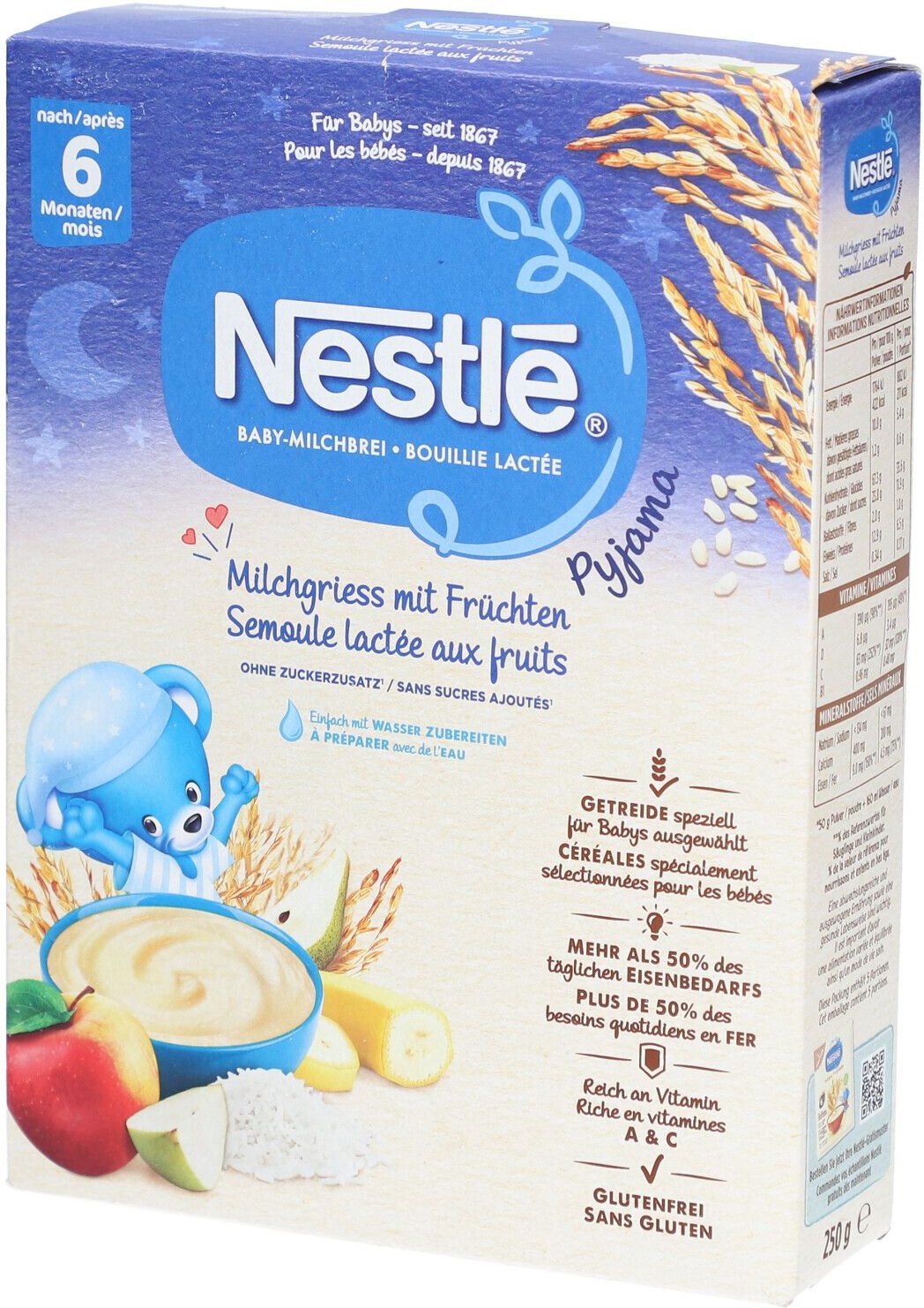 Nestle Reisgriess Pyjama mit Früchten 6M 250 g Retard-Granulat