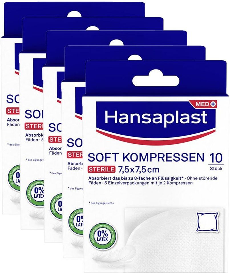 Hansaplast Soft Kompressen 7,5x7,5 cm steril 5x 5x5x2 St Pflaster