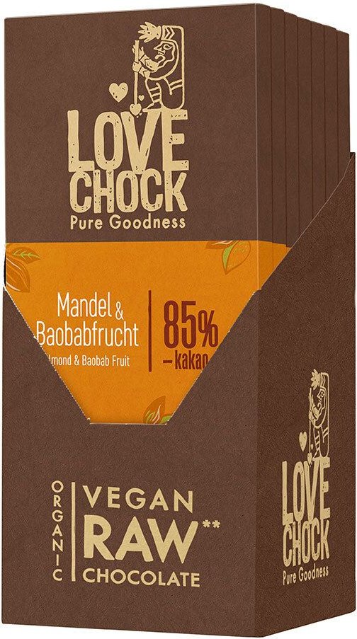 Lovechock Bio rohe Schokolade, Mandel-Baobab 8x70 g Schokolade
