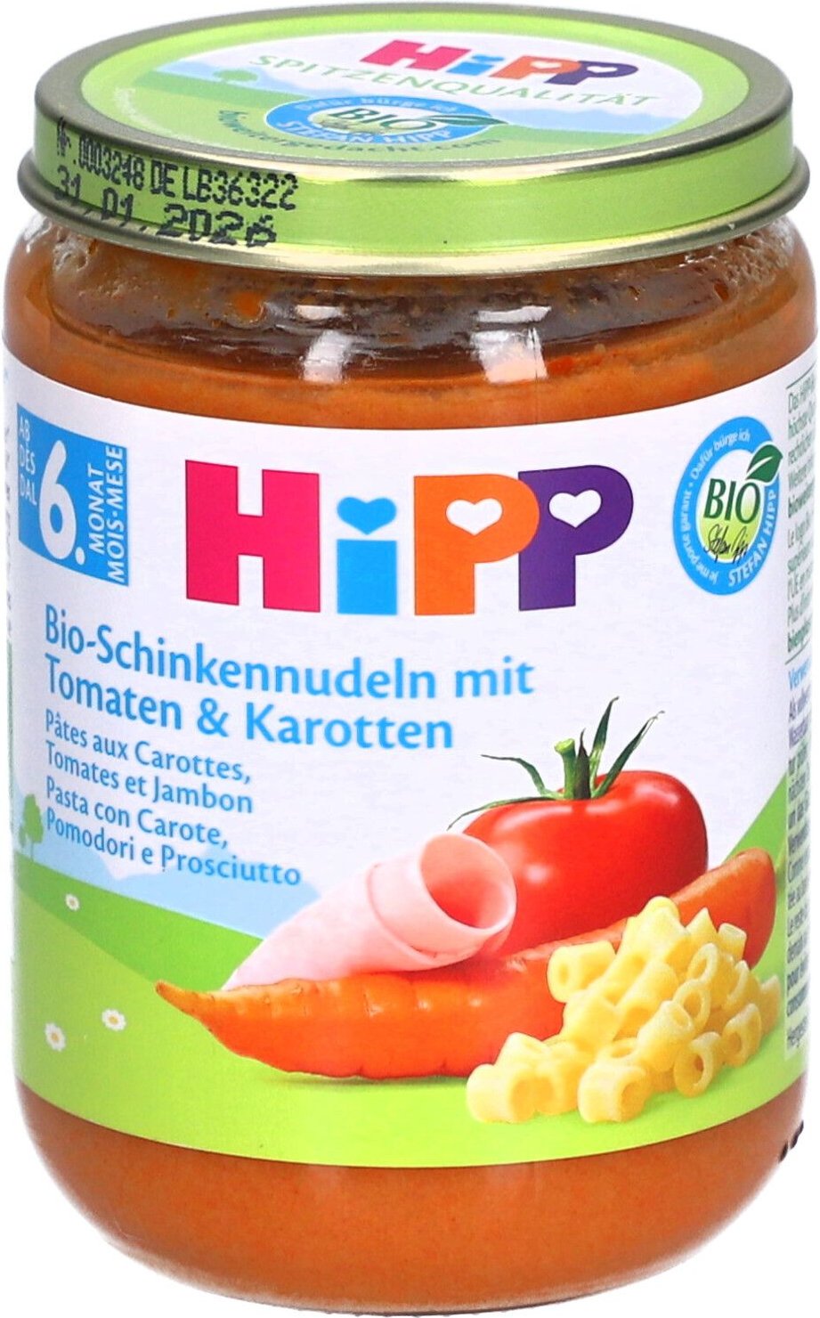 Hipp Bio Nudeln Rüebli Tomaten Schinken Glas 190 g Futter
