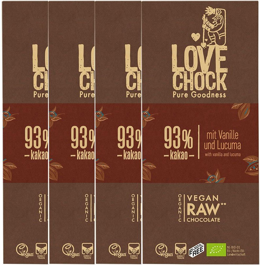 Lovechock Bio rohe Schokolade, 93 % Kakao, Tafel 4x70 g Schokolade