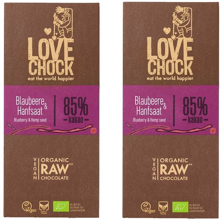 Lovechock Bio rohe Schokolade, Blaubeere-Hanfsaat, Tafel 2x70 g Schokolade