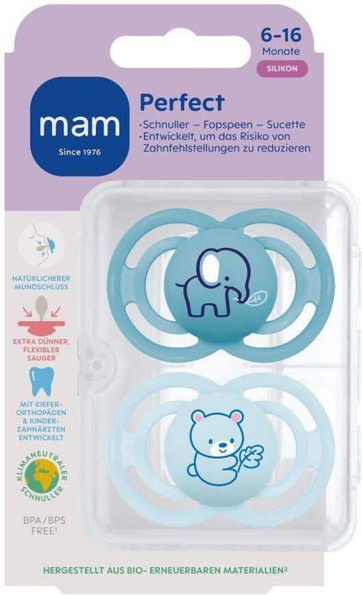 MAM Perfect Fopspeen Silicone Blue 6-16 2 St Schnuller