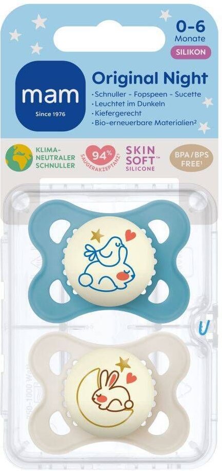 MAM Original Night Fopspeen Silicone Blue 0-6 2 St Schnuller