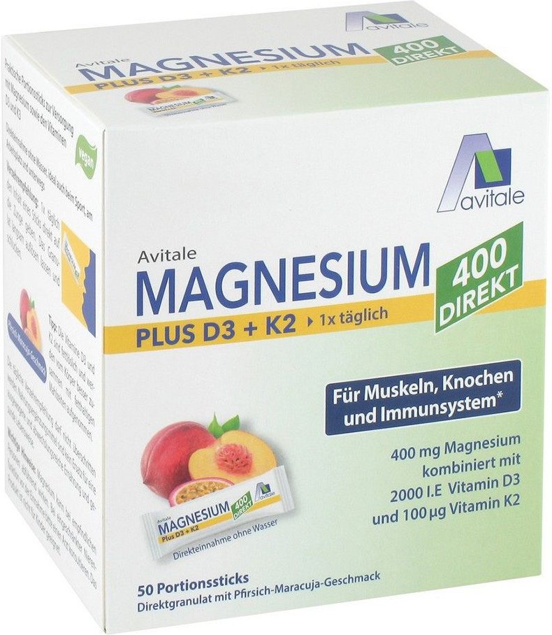 Magnesium 400+D3+K2 direkt Pfir.Maracu.Gra.Sticks 50x2,5 g Granulat