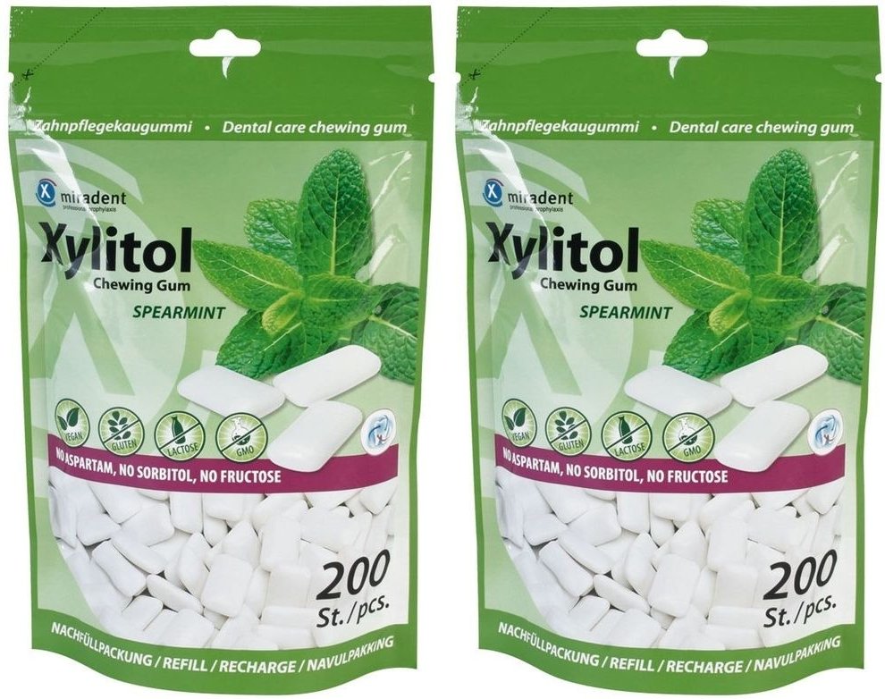 Miradent Xylitol Chewing Gum Spearmint Ref. 2x 2x200 St Kaugummi