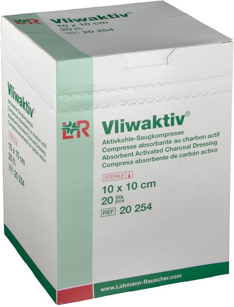 Vliwaktiv Aktivkohle-Saugkomp.steril 10x10 cm 20 St Kompressen