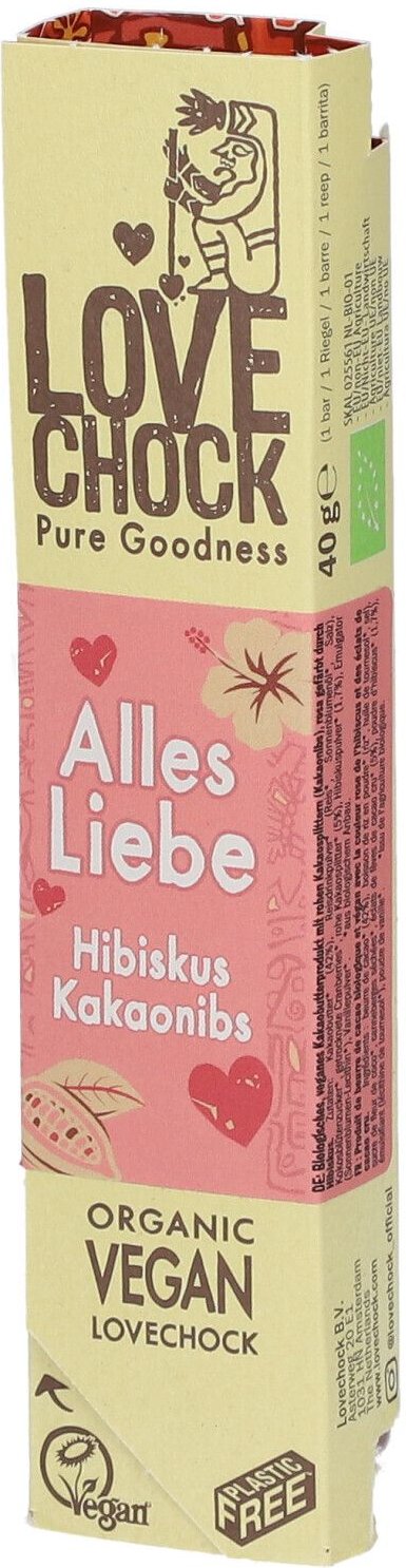 Lovechock Alles Liebe Hibiskus Kakaonibs 40 g Schokolade