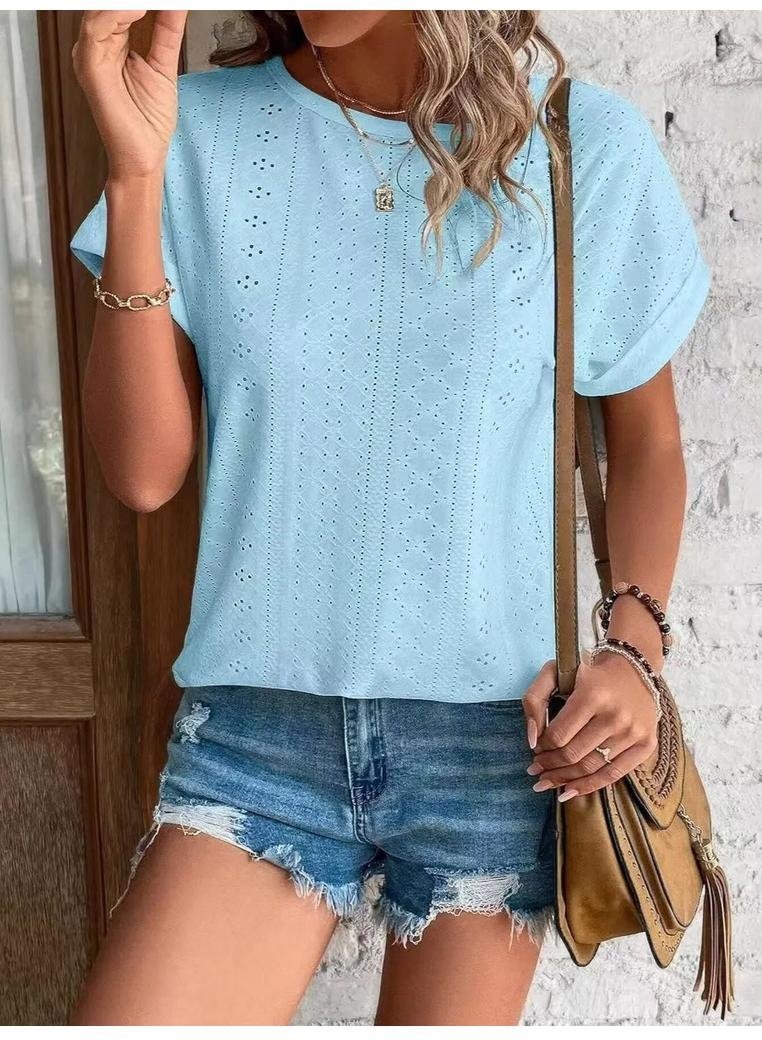 Damen-Oberteil mit Rundhalsausschnitt und kurzen Ärmeln mit Ösen