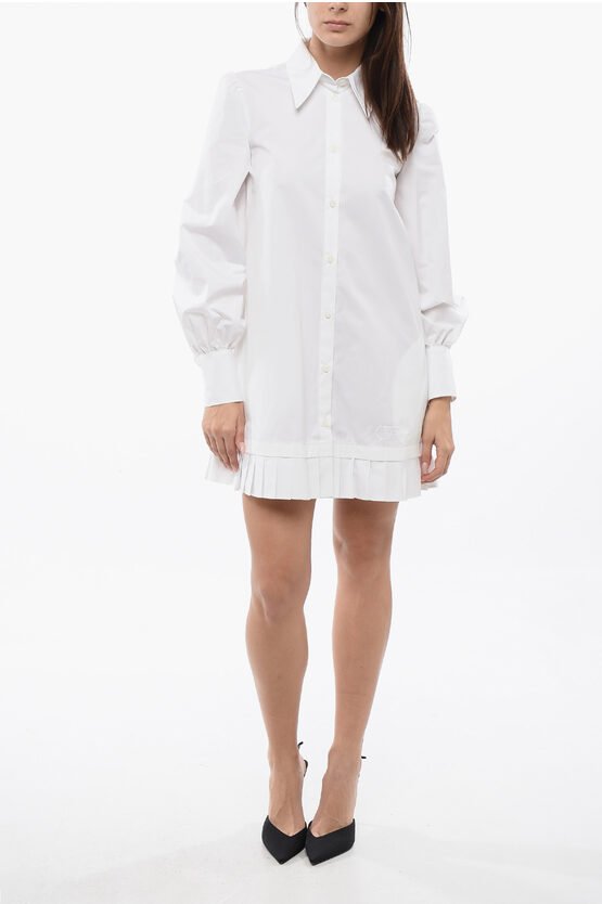 Popeline-Hemdblusenkleid mit plissiertem Saum in Weiß
