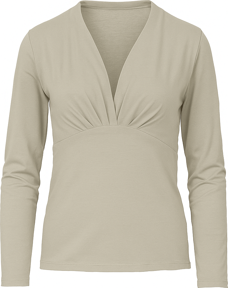 Sandfarbenes, langärmliges Wickeltop aus nachhaltigem Stretch-Jersey