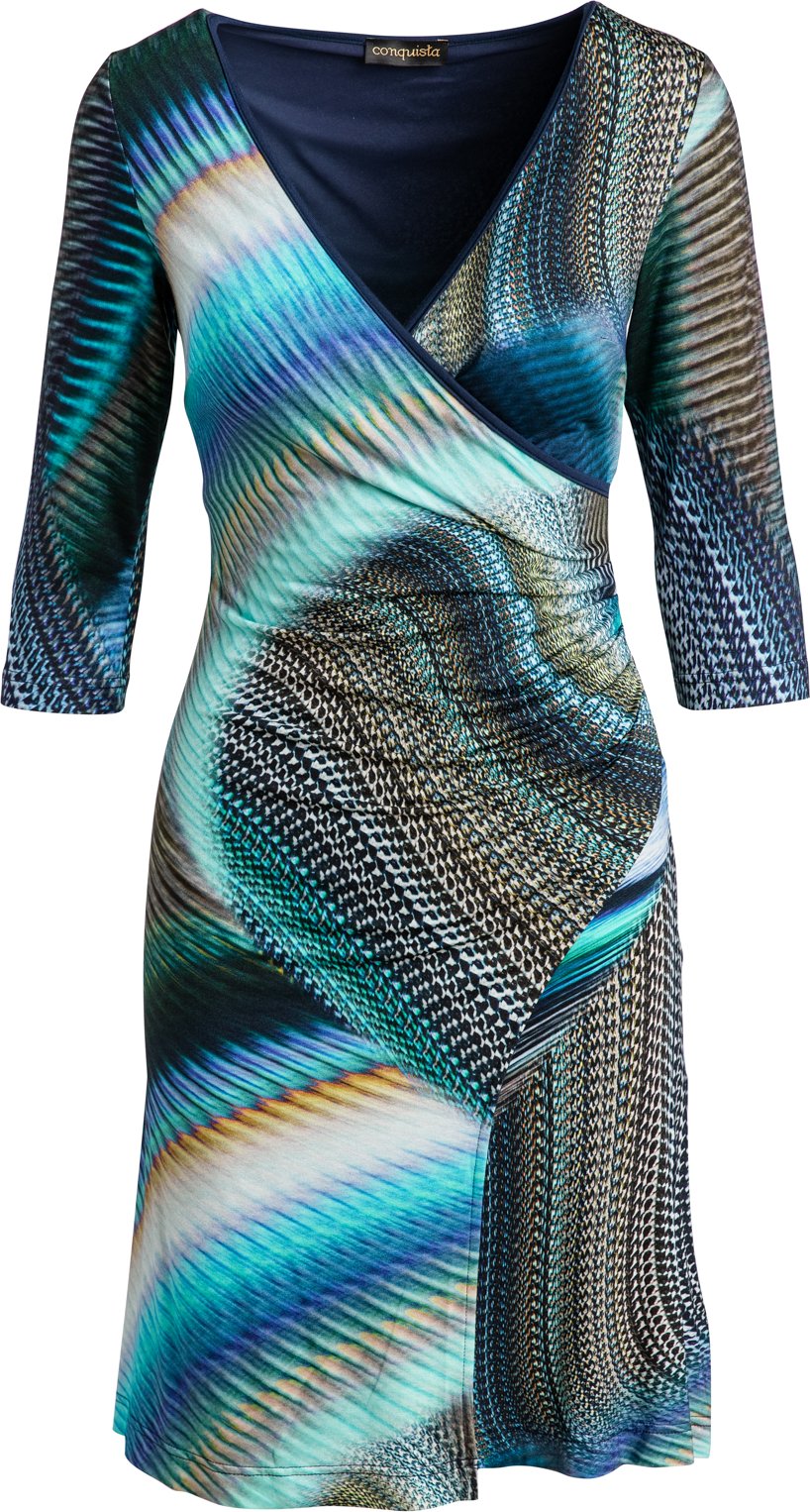 Thumbnail - Petrolfarbenes Faux Wrap Kleid aus bedrucktem Jersey