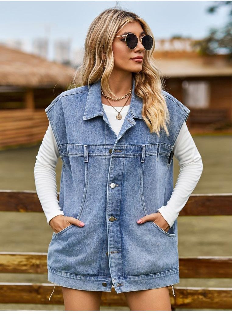 Damen Jeansjacke ohne Ärmel mit Kragen und Knopfleiste