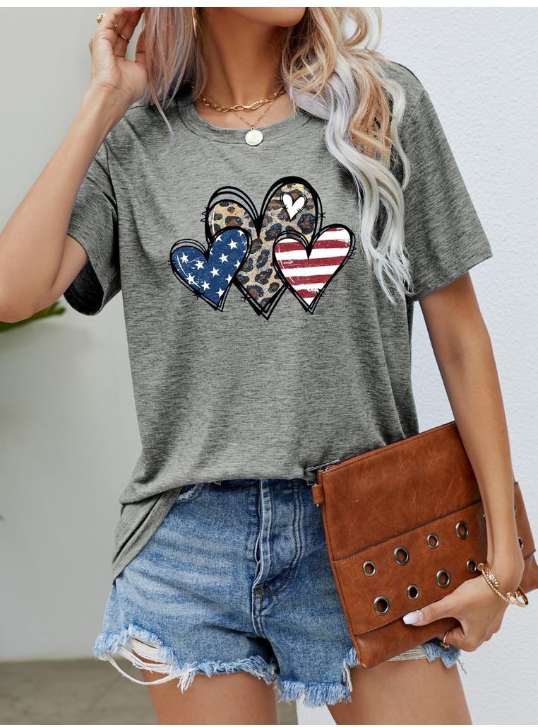 Thumbnail - US-Flagge Leopard Herz Grafik T-Shirt