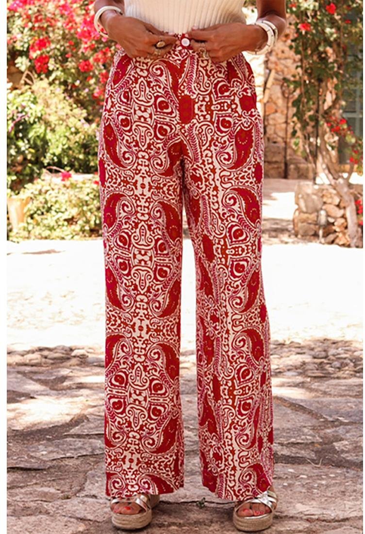 Thumbnail - Rote Paisley-Print Hohe Taillen Gerade Bein Hose mit Knöpfen