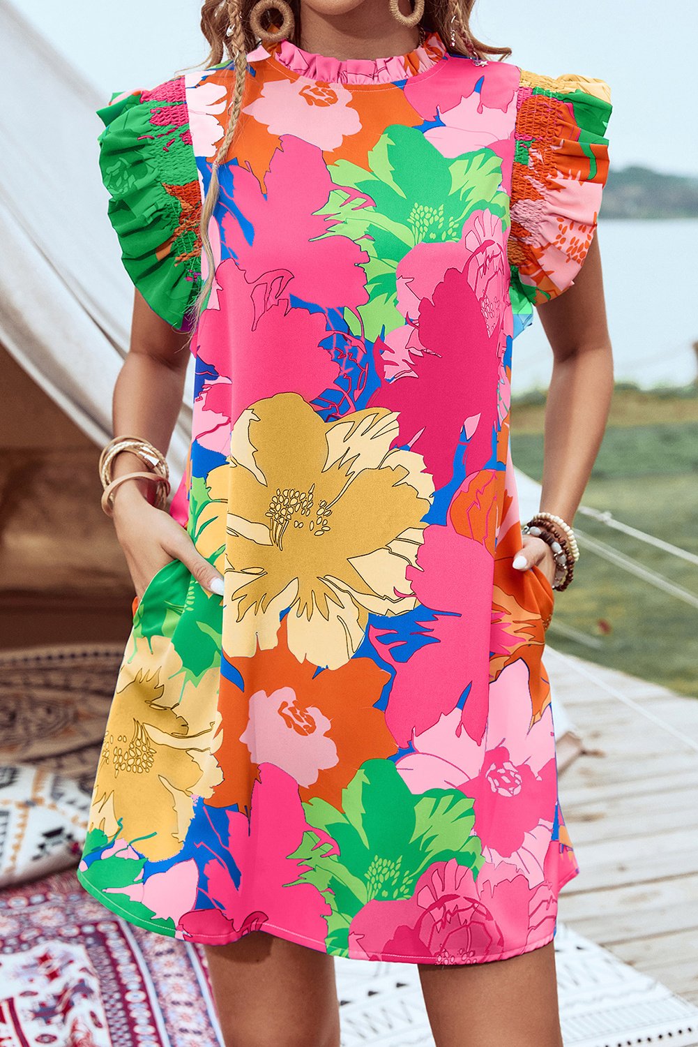 Blumenmuster Kleid mit Rüschennähten