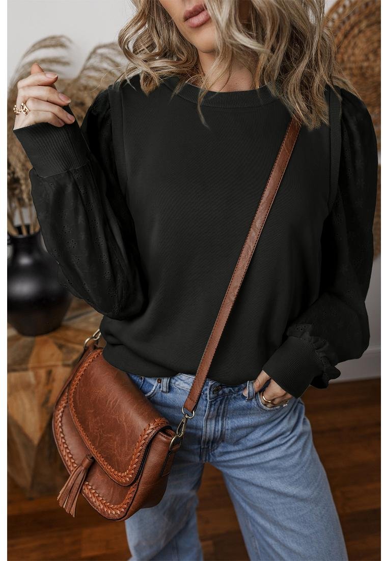 Azura Exchange Schwarz Texturiertes Patchwork Rundhalsausschnitt Sweatshirt