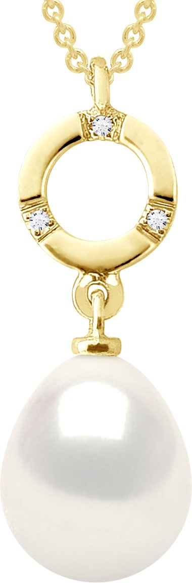 Halskette Schmuck Diamant 0,01 Karat Gelbgold und echte Süßwasser-Zuchtperle Birne 9-10 mm