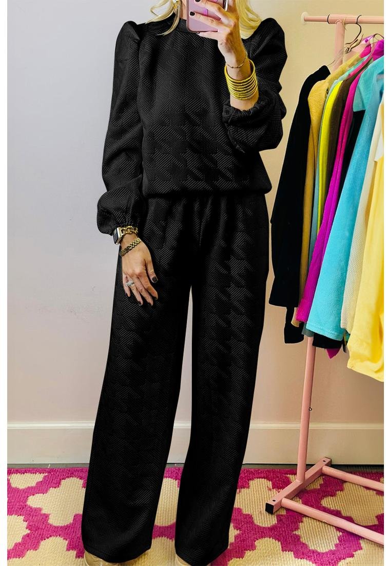 Azura Exchange Schwarzes Texturiertes Puffärmeltop und Hosen-Set