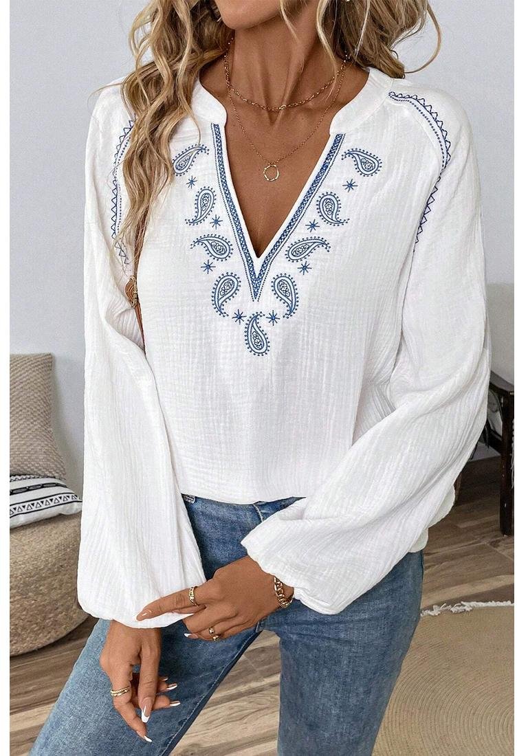 Thumbnail - Azura Exchange Weiße Paisley Bestickte Strukturierte Geteilte Halslange Puffärmel-Bluse