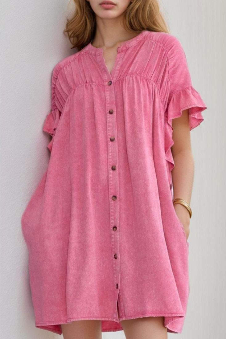 Damen Jeans-Minikleid mit Rüschenshulter und Knöpfen