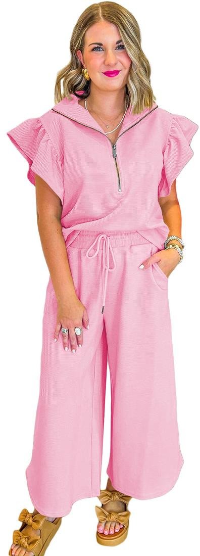 Thumbnail - Rosa Strukturierter Rüschensleeve Reißverschluss-Top und Weite Hosen Set