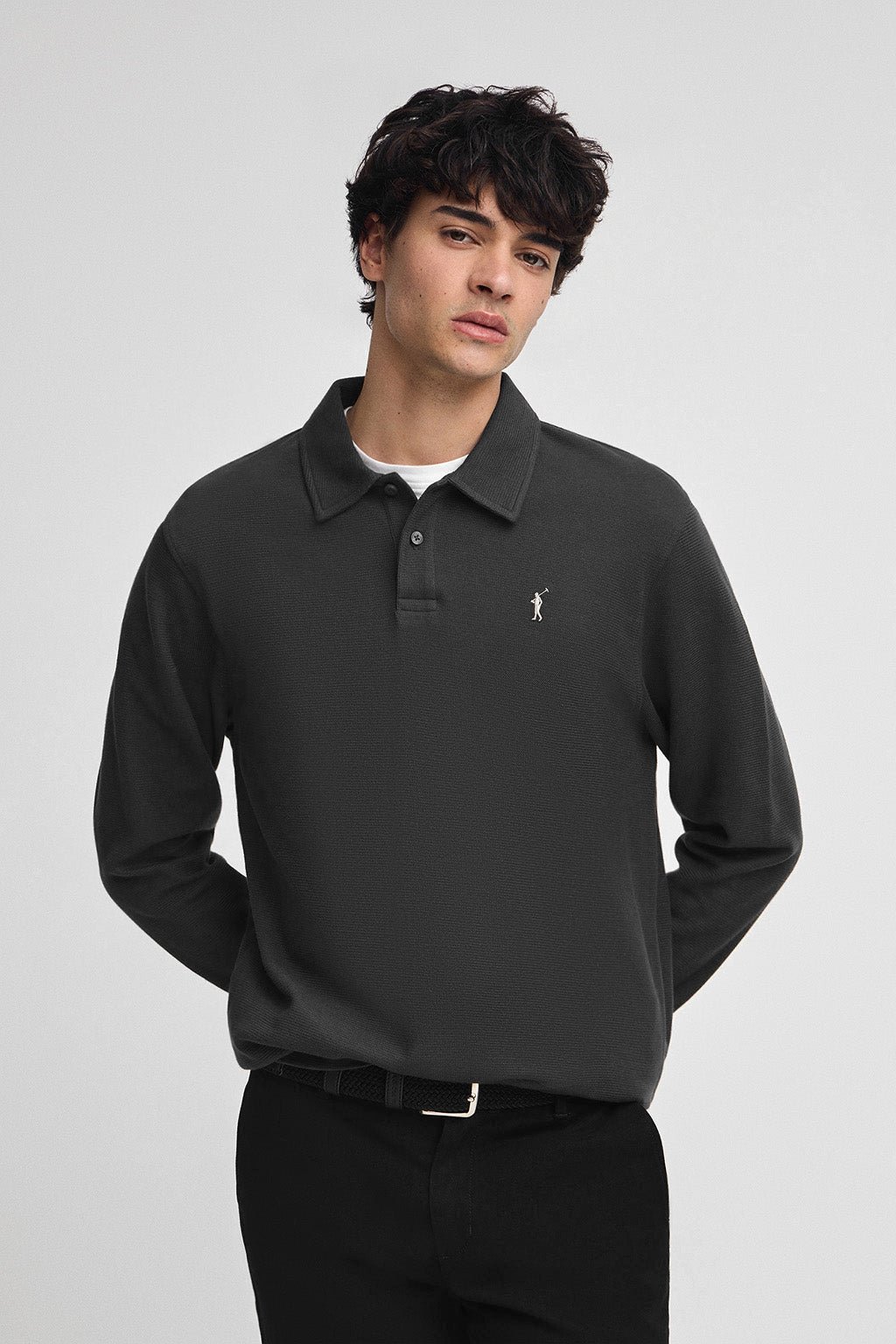 Poloshirt dunkelblau mit Mikrostruktur und gesticktem Rigby Go-Logo