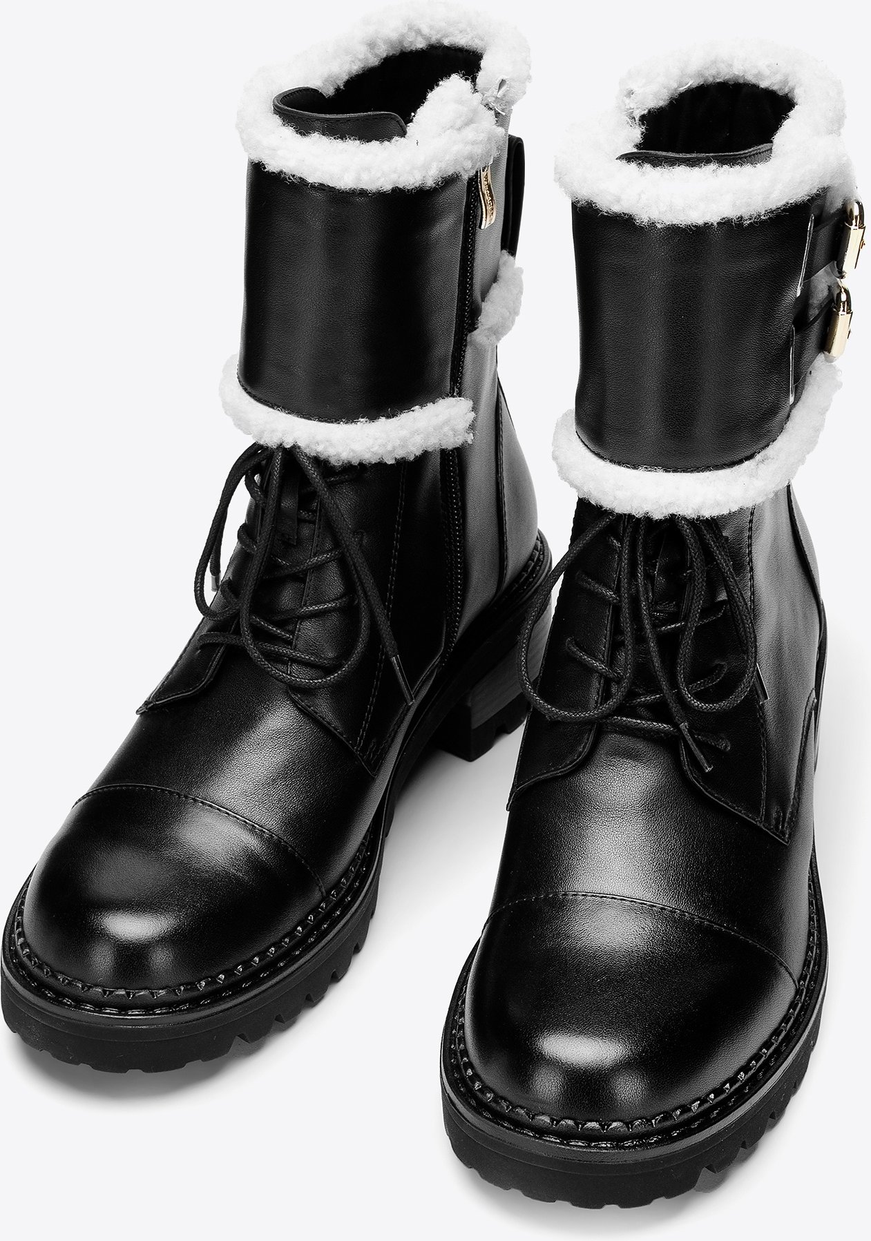 Wittchen Damen-Lederstiefel mit Schnallen und Lammfell, schwarzes Naturleder