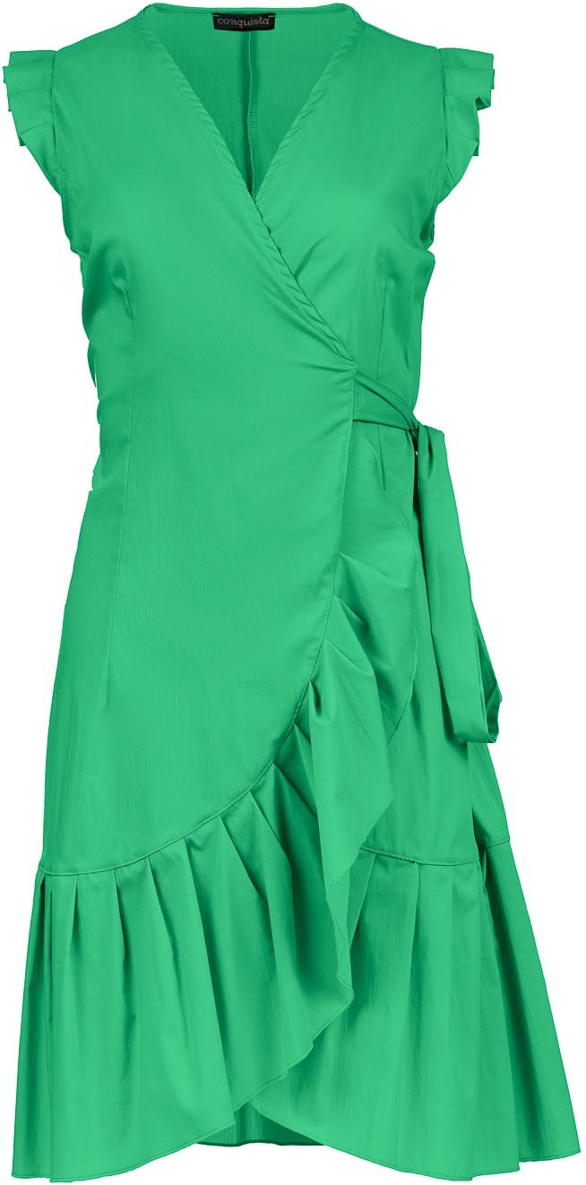 Grünes ärmelloses Wickelkleid mit Rüschen aus Viskose-Popeline