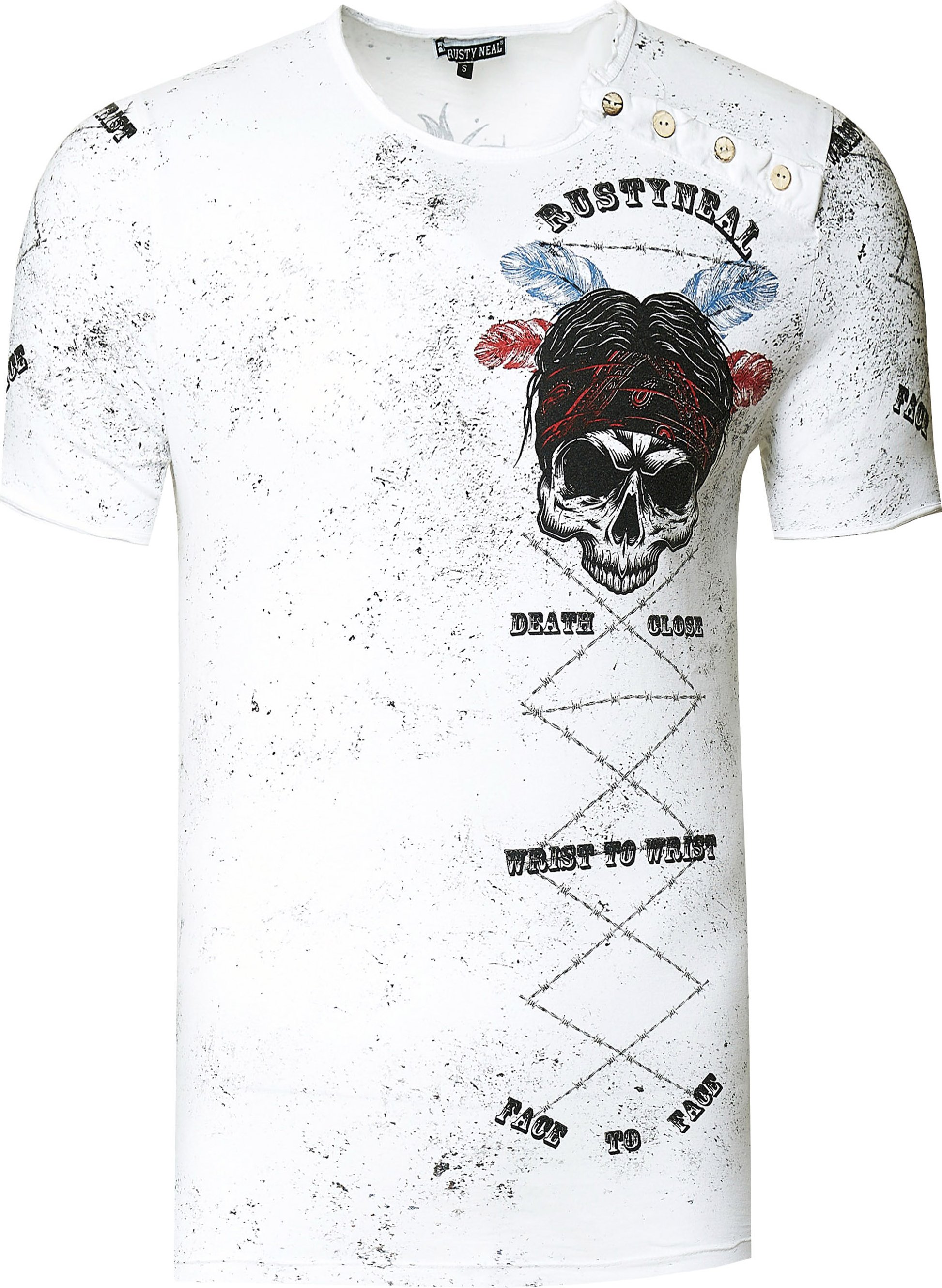 Verwaschenes Rundhals T-Shirt mit Knopfleiste und Prints