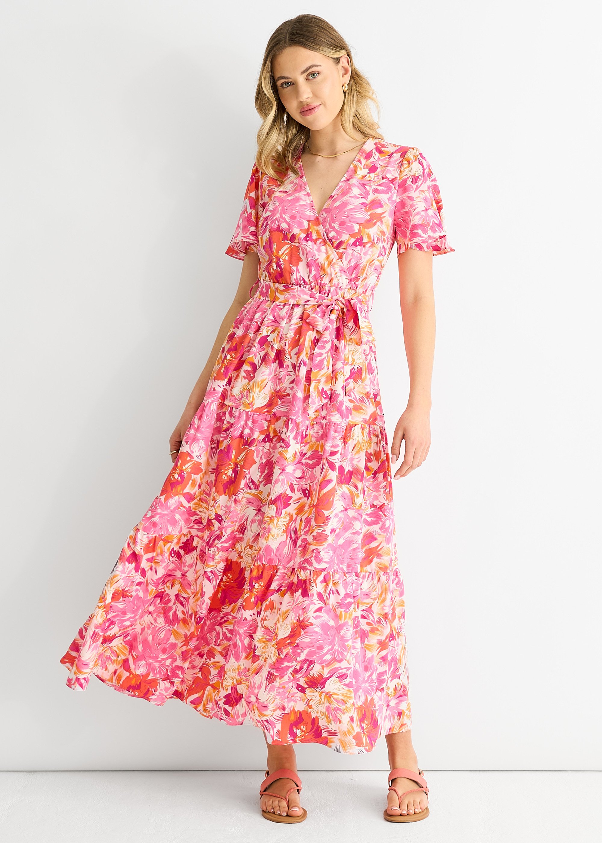 Rotes geblümtes Midikleid mit Wickelgürtel