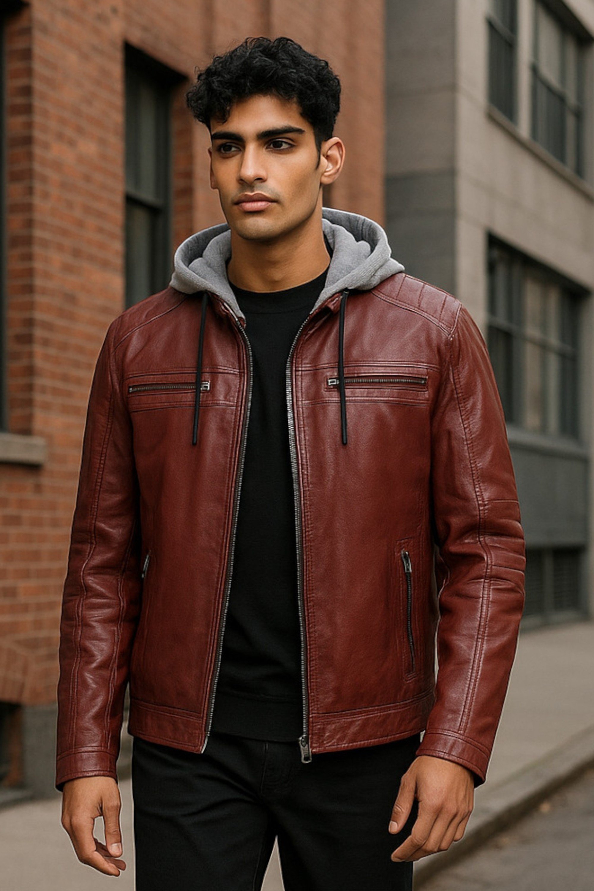 Herren Ox Red Kapuzenjacke aus burgunderrotem Biker-Lammleder - Kingston