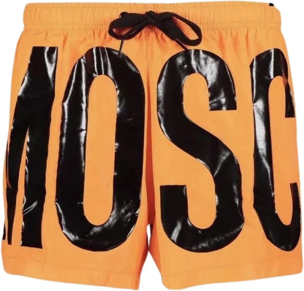 Hellorangefarbene kurze Badeshorts mit Printlogo der Marke Moschino