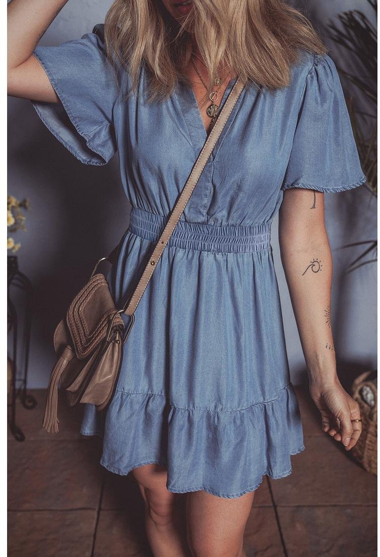 Damen Denim Mini-Kleid mit Rüsche am Saum und geschoppten Schmetterlingsärmeln
