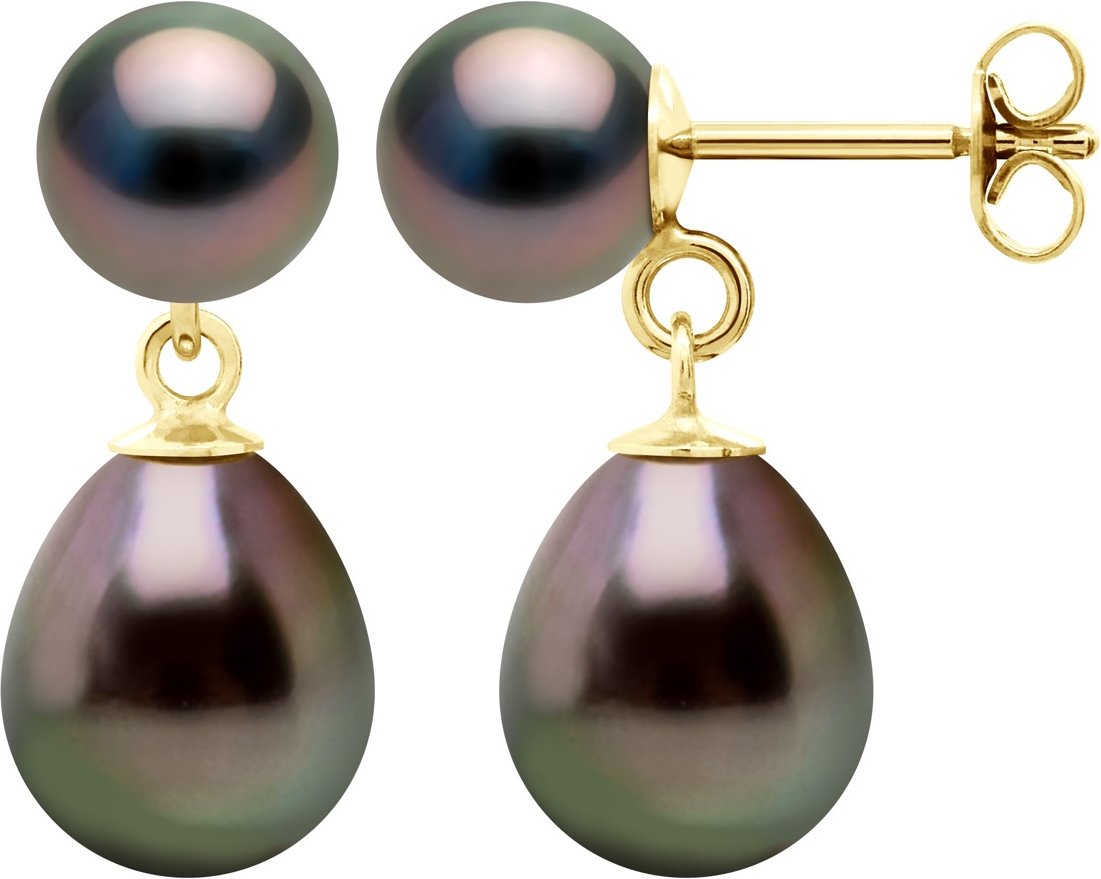 Doppelte Ohrringe – Gelbgold – echte Tahiti-Zuchtperlen rund 7–8 und birnenförmig 9–10 mm