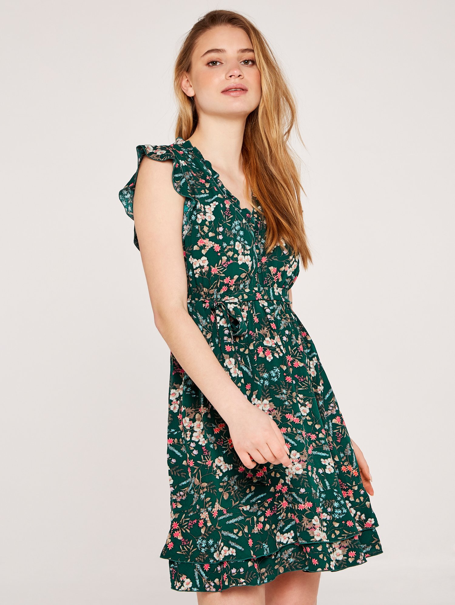 Thumbnail - Apricot Botanisches Ditsy-Rüschenkleid