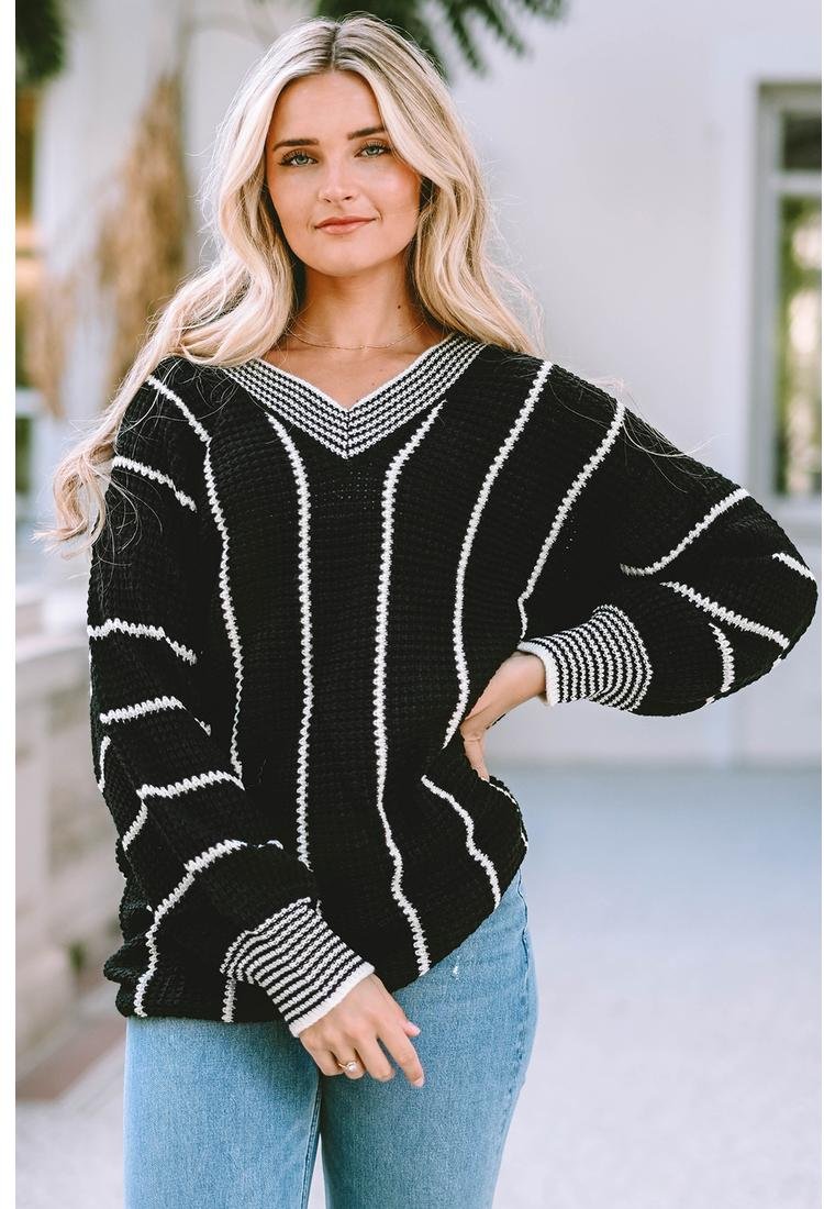 Thumbnail - Azura Exchange schwarzer Farbblock gestreifter V-Ausschnitt lockerer Pullover
