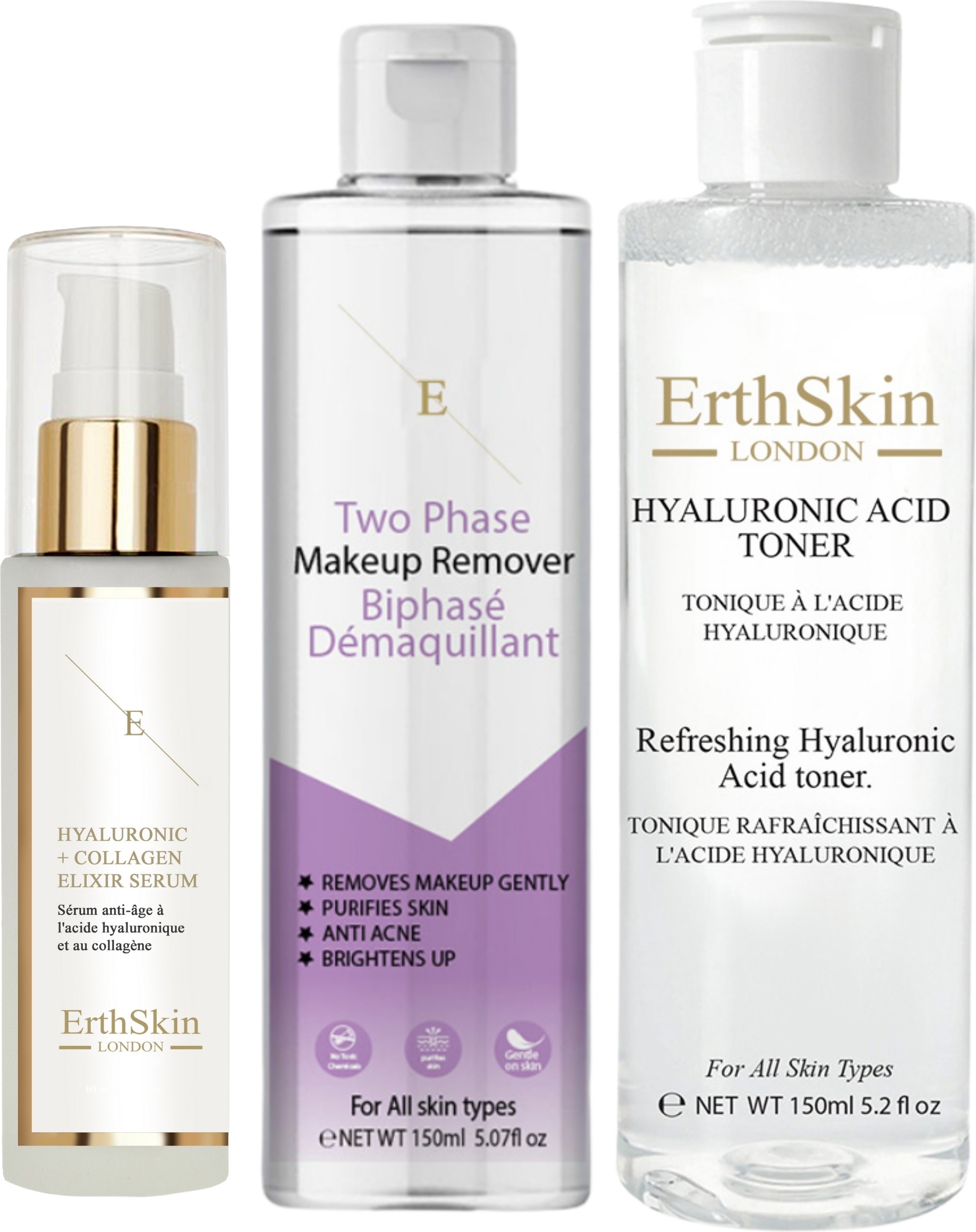 Zweiphasen-Makeup-Entferner 150 ml + Erfrischendes Hyaluronsäure-Tonikum 150ml+ Hyaluronsäure- & Kollagenserum - 60ml