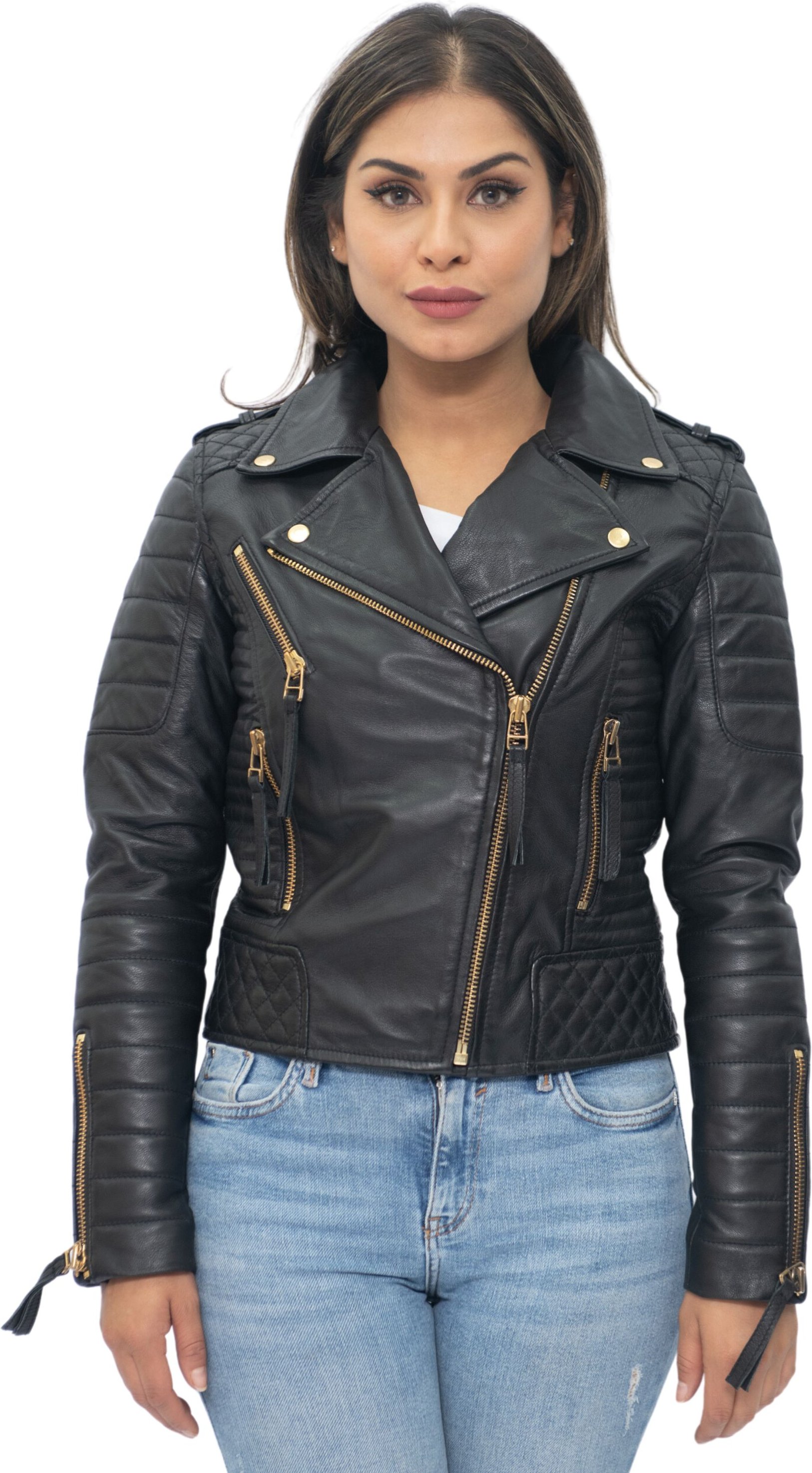Gesteppte Vintage-Brando-Bikerjacke für Damen aus Leder in Lusaka