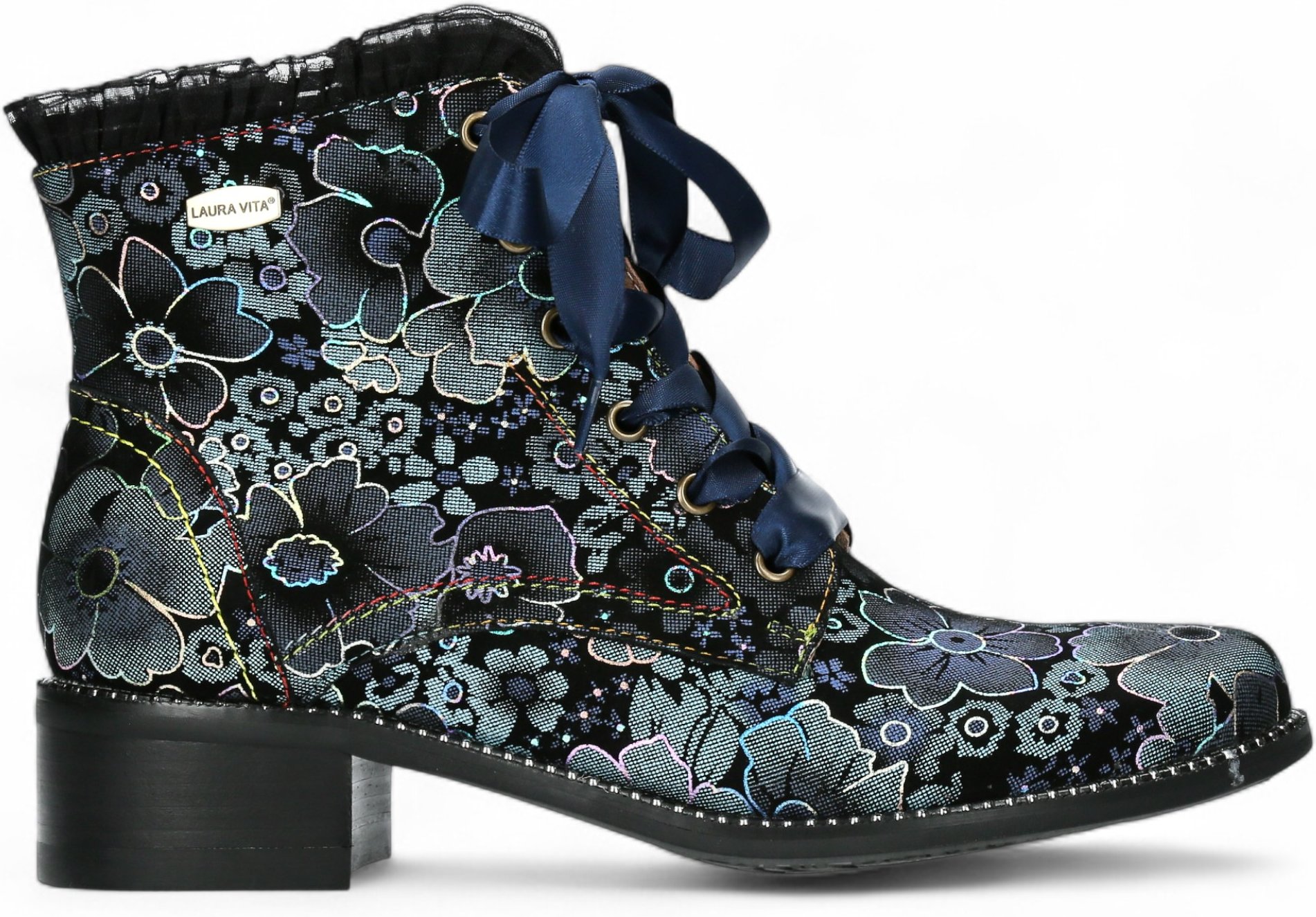 Laura Vita Emcmao-45 Damenstiefel mit blauem Blumenmuster im gotischen viktorianischen Stil aus Leder mit Knöchelabsatz