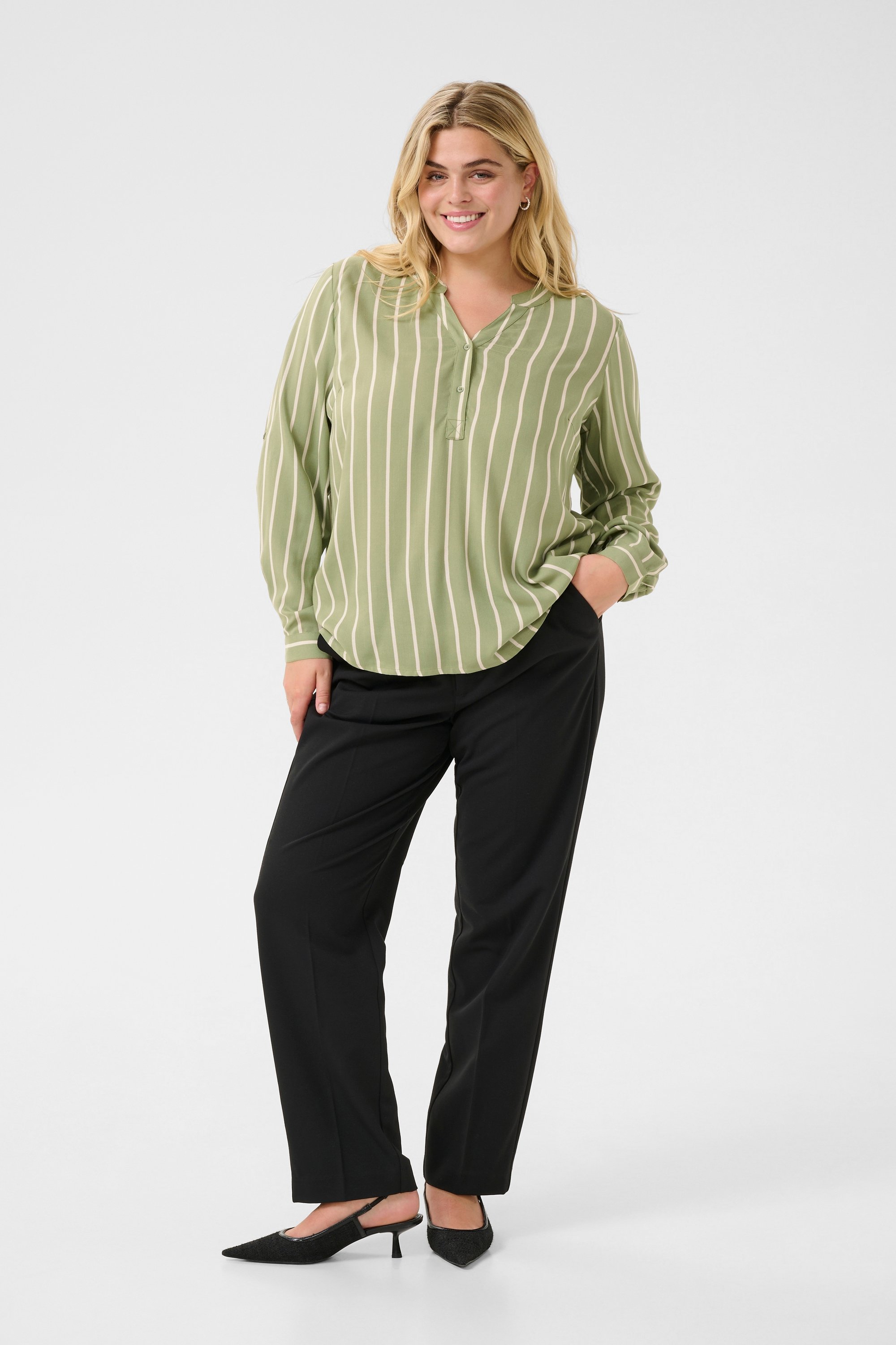 Thumbnail - Langarm-Bluse Regular fit Oil Green/ Moonstruck Stripe light green