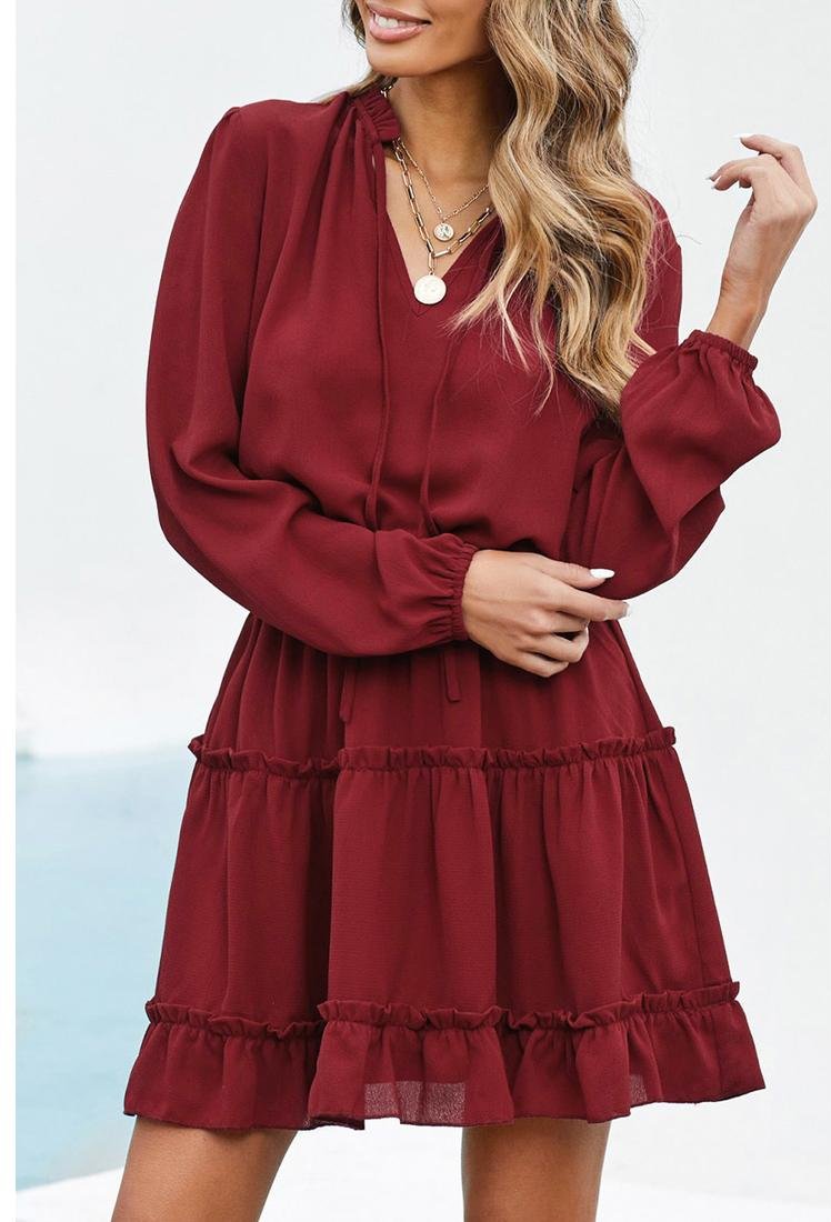 Thumbnail - Azura Exchange Langärmliges, gestuftes Minikleid mit Rüschen für Damen in Rot