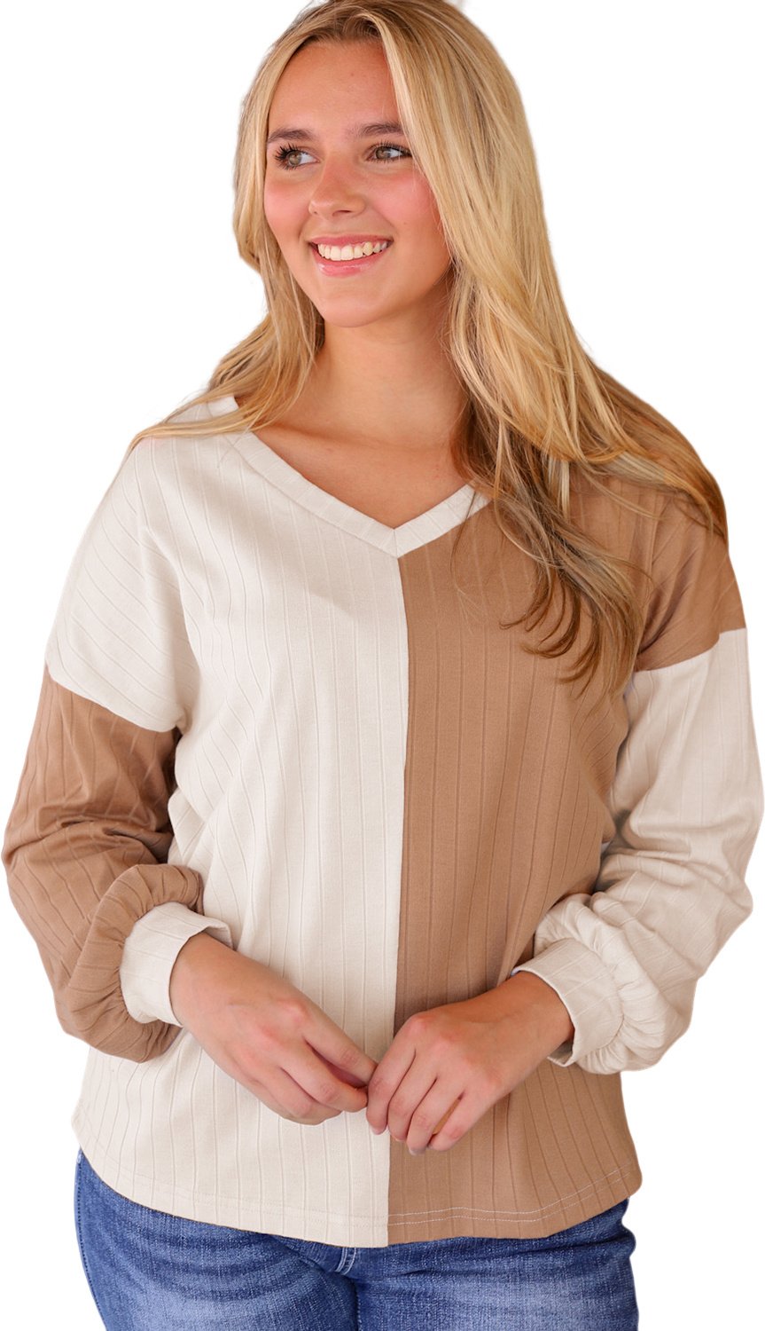 Zweifarbiger Rippstrick-Langarmoberteil