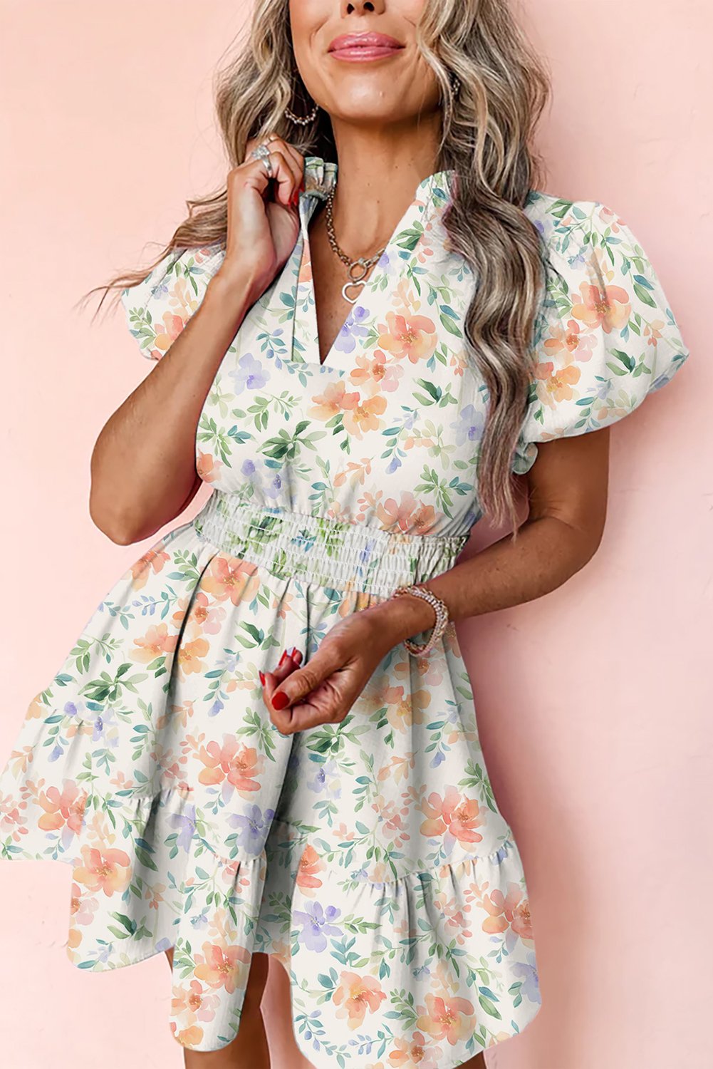Beige Floral Print Gerafftes Hochtailles Minikleid mit Puffärmeln