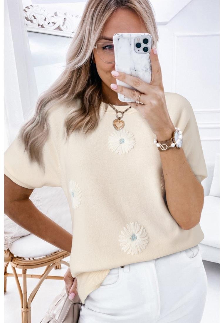 Thumbnail - Beige Blütenmuster Kurzarm Stricktop