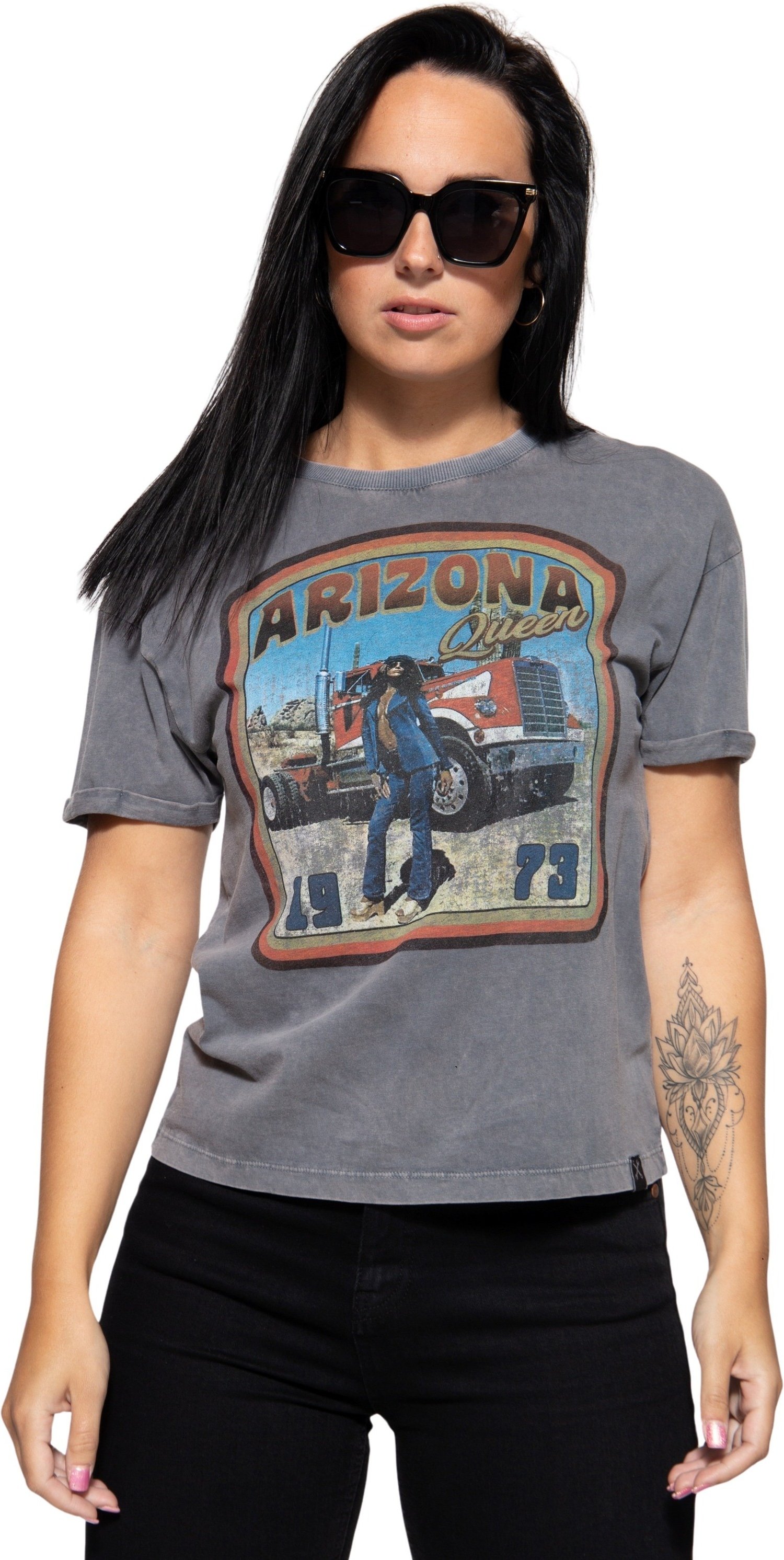 Queen Kerosin Damen Acidwash T-Shirt Arizona Queen stahlgrau