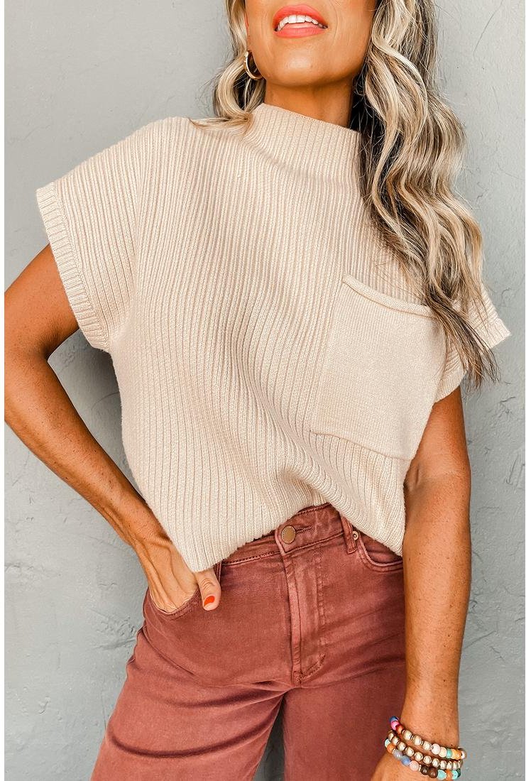 Thumbnail - Azura Exchange Hafermilch-Patch-Taschen Rippenstrick Kurzarmpullover