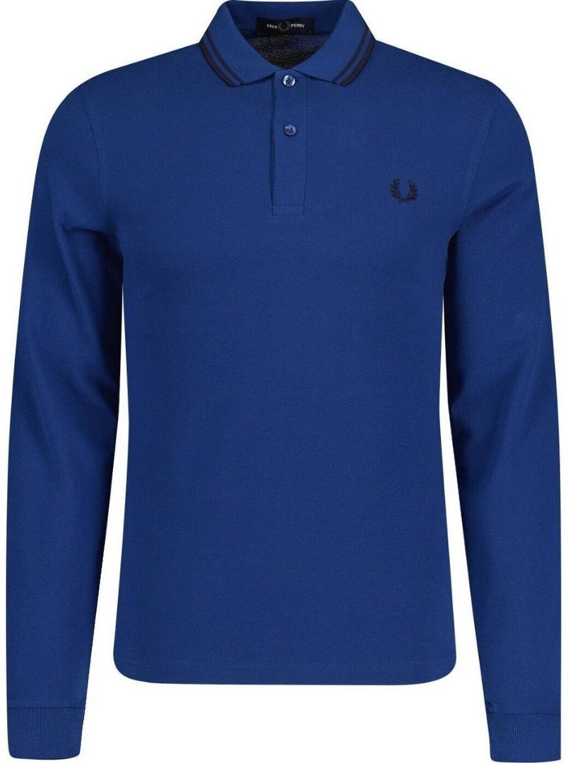 Thumbnail - Fred Perry Schwarzes dunkelblaues Langarm-Poloshirt mit Doppelstreifenkragen