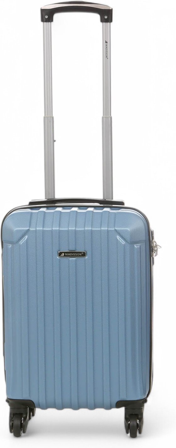 Hartschalen-Handgepäckkoffer aus blauem ABS mit 8 Rädern, unter dem Sitz verstaubar