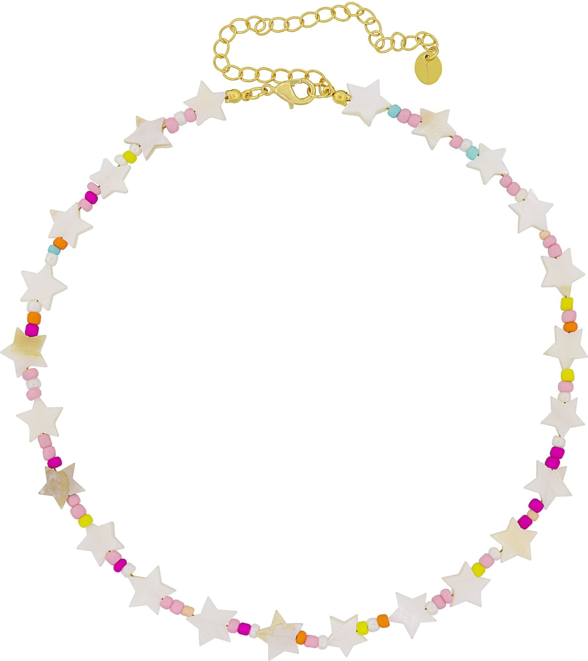 Fashionbox Kette Messing vergoldet mit weissen Sternen und Perlen in pastell